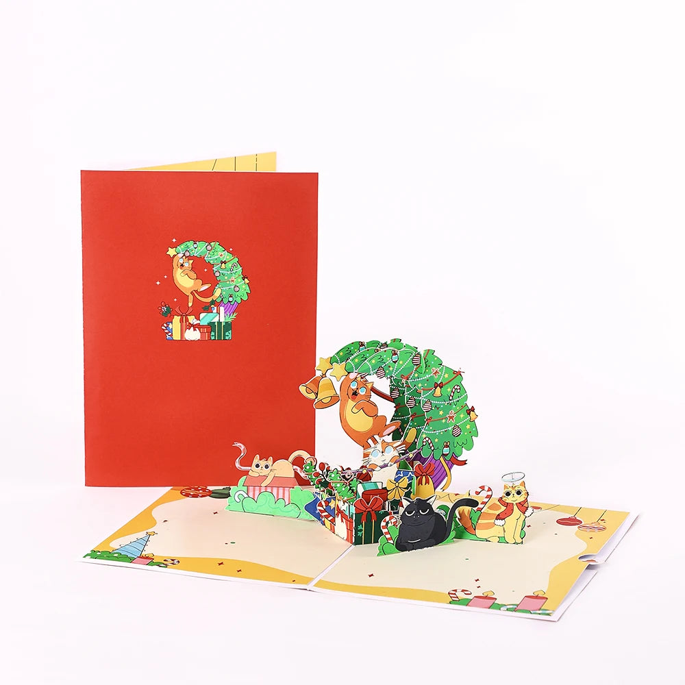 Cat Xmas Party Greeting Cards Christmas TreeThree-dimensional Pop Up Card With Envelope 3D Postcard Holiday Supplies