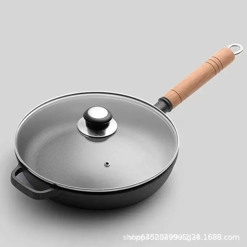 Cast iron flat bottomed pan, non stick pan, uncoated steak frying pan, gas stove, iron pan, old-fashioned pancake pan