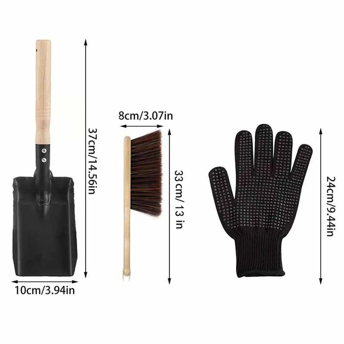 Fire Place Tool Set Hearth Tidy Black Gloves Firepit Wood Burner Accessories Fireplace Broom Steel Shovel and Ash Brush Set