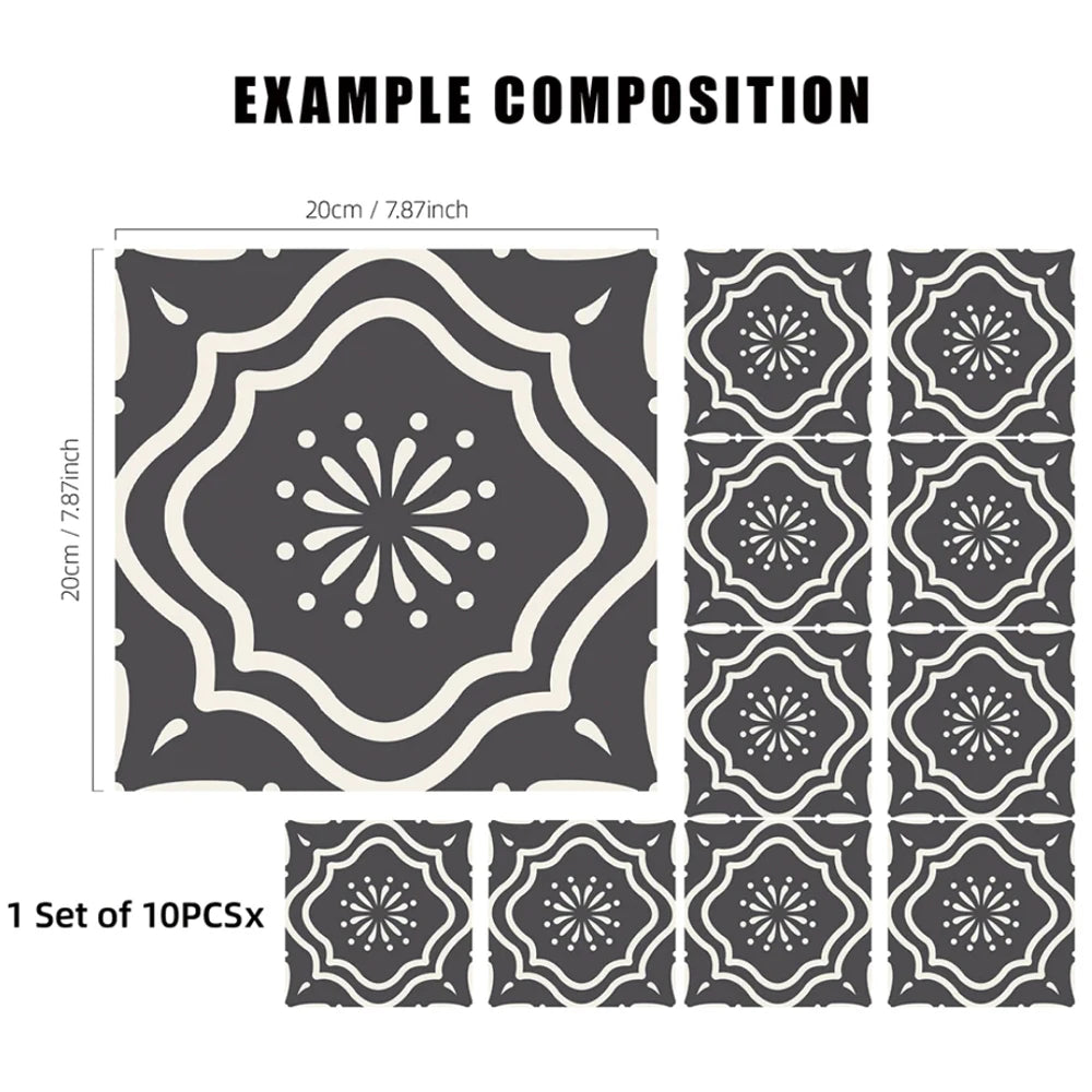 Flora Moroccan Tile Stickers Peel and Stick Self Adhesive Decorative for Wall,Vinyl Backsplash Floor Tile Decals set for 10pcs