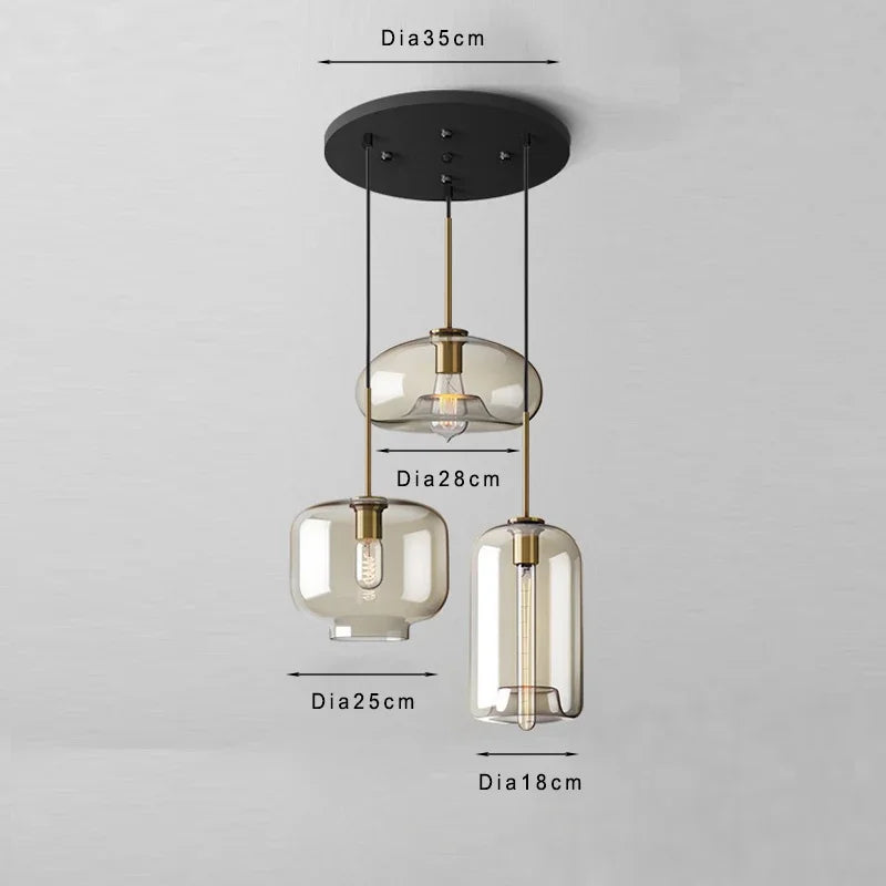 Lamp Modern 3-Light Pendant Light Fixtures, Industrial Hanging Ceiling Lamp With Amber Glass Shade, Vintage Black Pendant Light