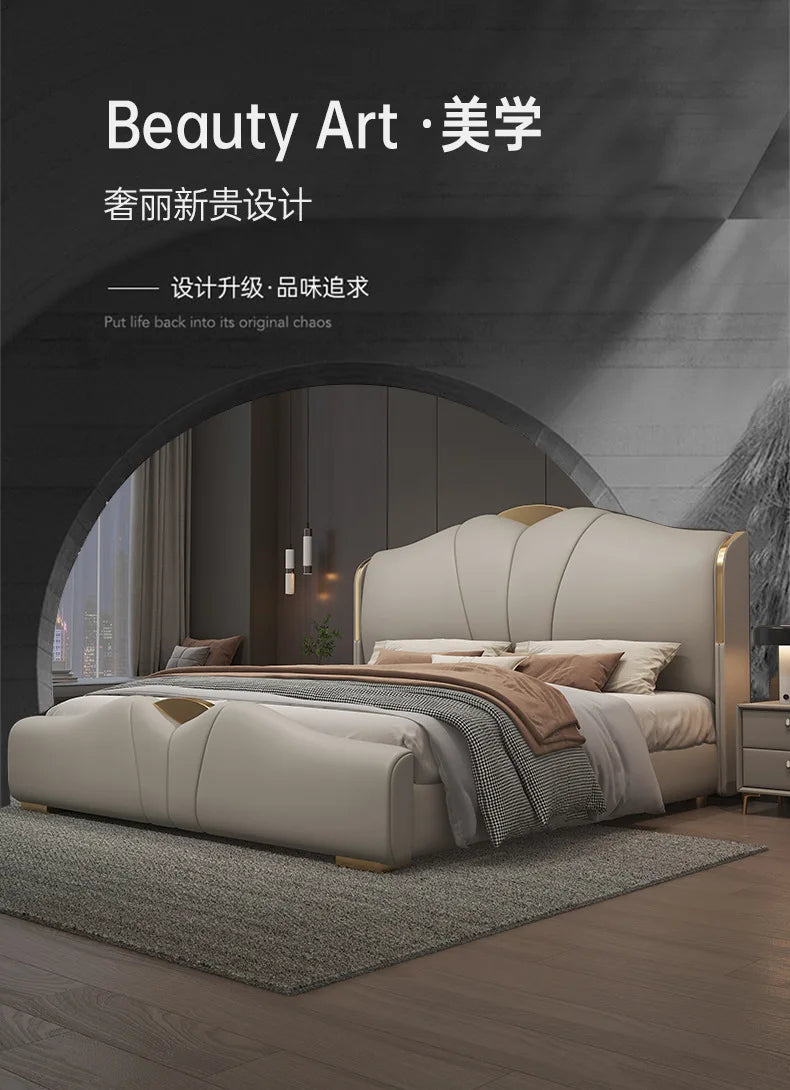Light luxury Italian leather bed master bedroom double bed high-end atmosphere new 2025 soft bag air pressure storage wedding be