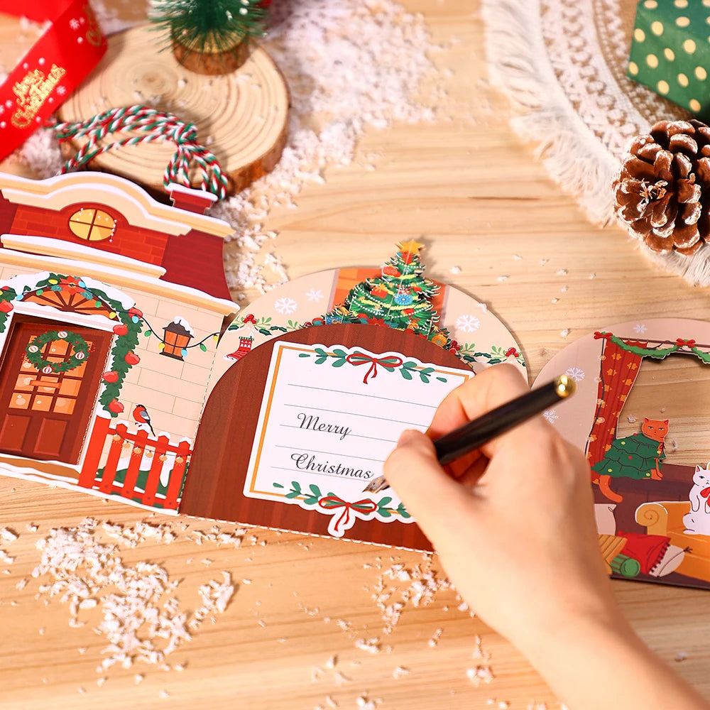 Cat Xmas Party Greeting Cards Christmas TreeThree-dimensional Pop Up Card  With Envelope 3D Postcard Holiday Supplies
