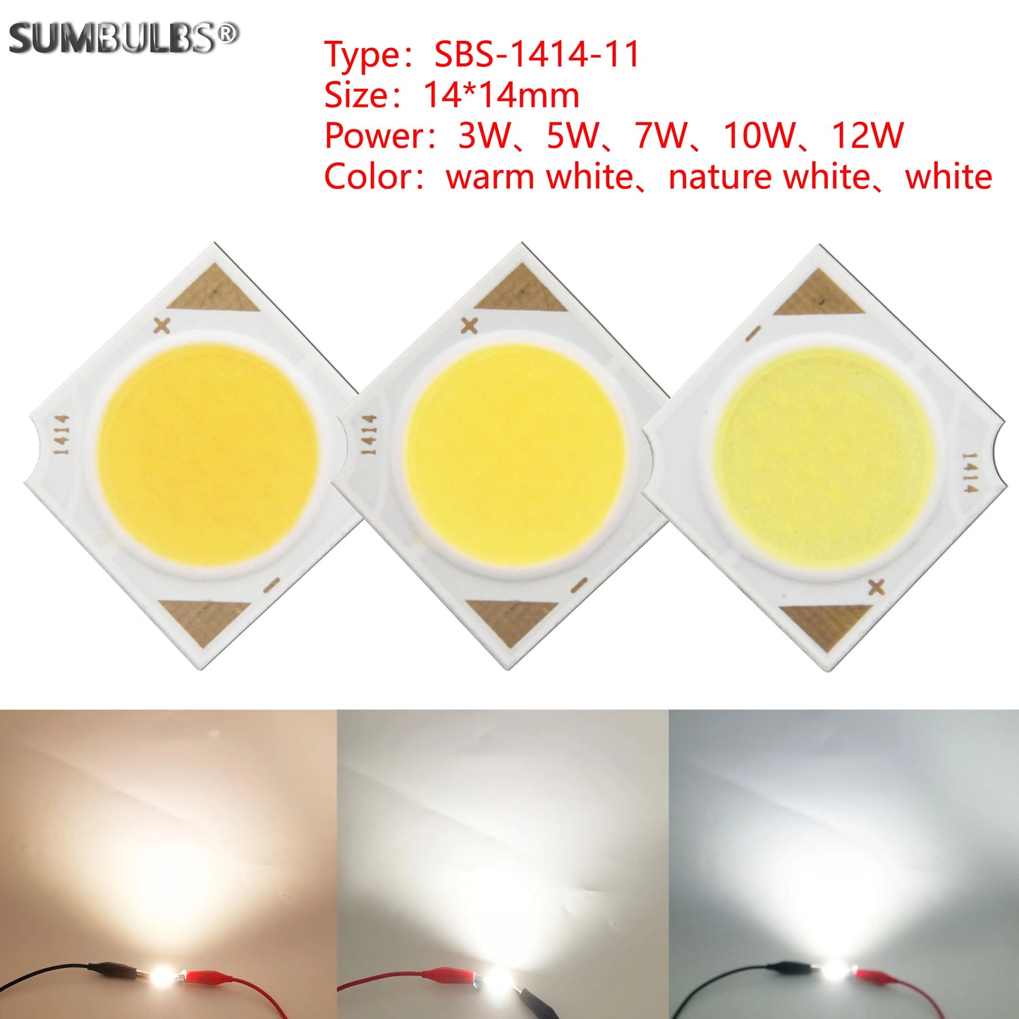 SUMBULBS 3W 5W 7W 10W 12W 14x14mm LED COB Light Source Epistar Chips Cold Warm Natural White for Spotlight Indoor Lamp