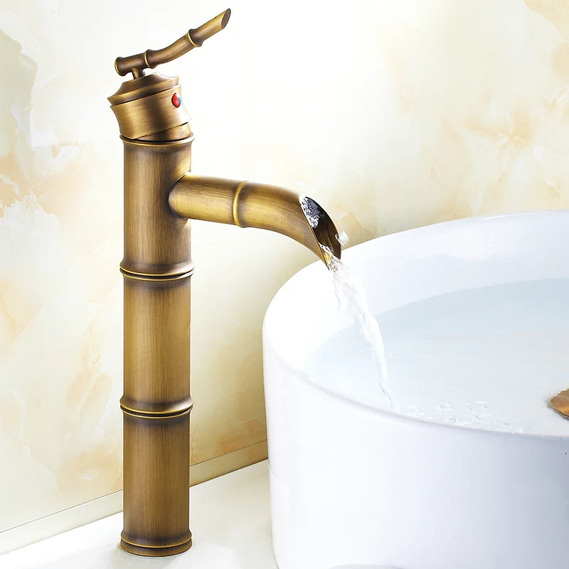 European Antique Bathroom Faucet Brass Basin Faucets Tap Tall Bamboo Hot Cold Water With Two Pipes Kitchen Taps