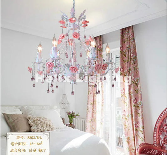 Free Shipping Modern White European Chandelier lamp Lustre Light 6L/8L Pink Rose Flower Chandelier Light Fixture E14 Decoration