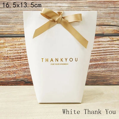 50pcs White Kraft Black Paper Bag Bronzing French "Merci" Thank You Gift Box Package Wedding Party Favor Candy Bags With Ribbon