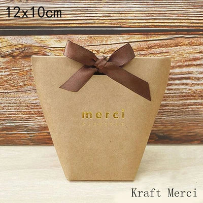 50pcs White Kraft Black Paper Bag Bronzing French "Merci" Thank You Gift Box Package Wedding Party Favor Candy Bags With Ribbon
