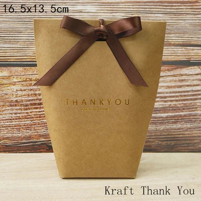 50pcs White Kraft Black Paper Bag Bronzing French "Merci" Thank You Gift Box Package Wedding Party Favor Candy Bags With Ribbon