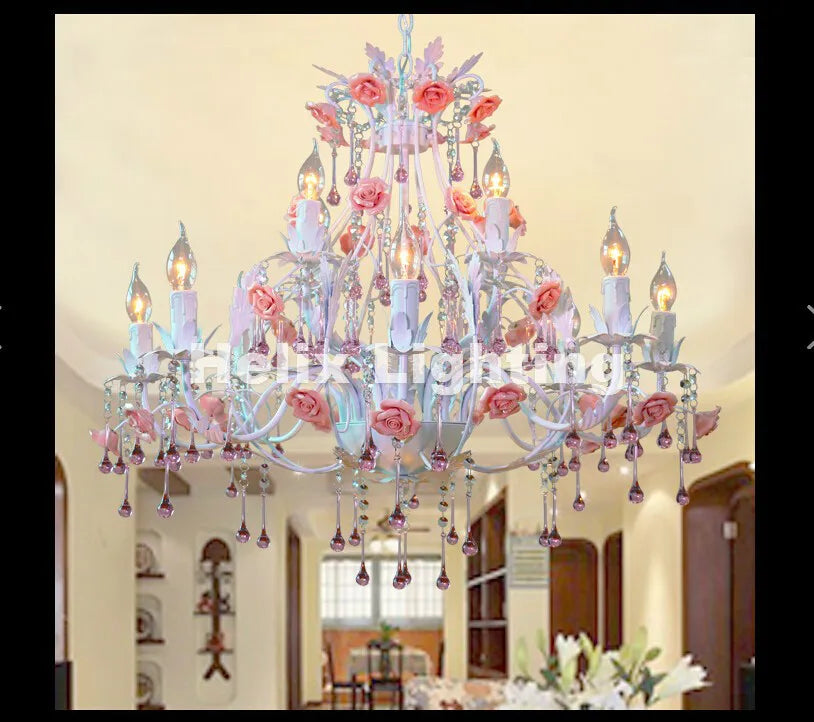 Free Shipping Modern White European Chandelier lamp Lustre Light 6L/8L Pink Rose Flower Chandelier Light Fixture E14 Decoration