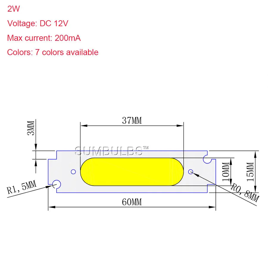 SUMBULBS 60*15mm COB LED Light Bulb 12V 2W LED Diode Lighting Chip Red Blue Pink Green Yellow White Color for DIY Lamp Bulbs