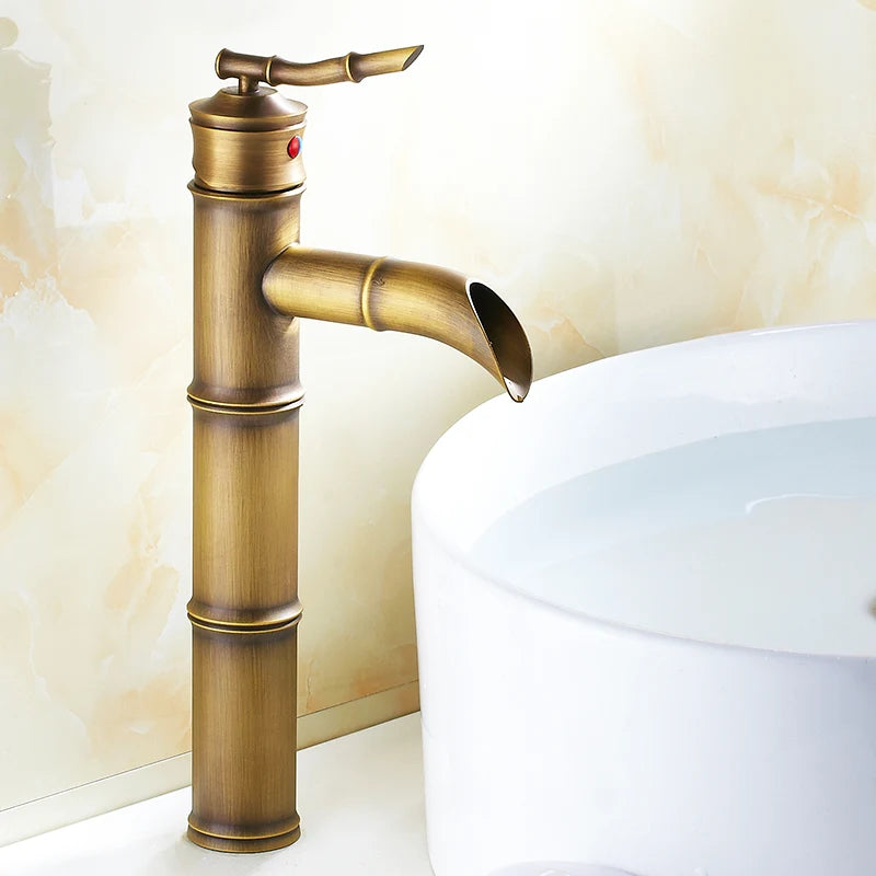European Antique Bathroom Faucet Brass Basin Faucets Tap Tall Bamboo Hot Cold Water With Two Pipes Kitchen Taps