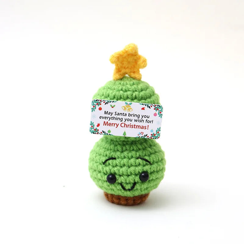 Funny Crochet Positive Xmas Tree Doll with Card Home Room Decoration Handmade Knitted Snowman Elk Desk Ornament Christmas Gifts
