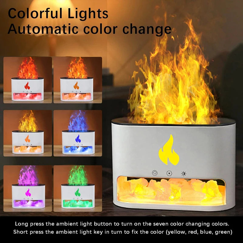 New Fireplace Humidifier Crystal Salt Rock Fire Lamp 7 Color Flame Aroma Volcano Air Humidifier Essential Oil Diffuser for Home