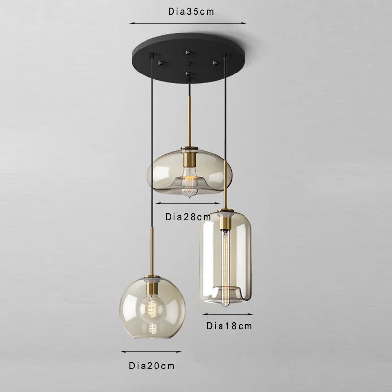 Lamp Modern 3-Light Pendant Light Fixtures, Industrial Hanging Ceiling Lamp With Amber Glass Shade, Vintage Black Pendant Light