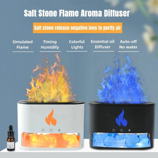 New Fireplace Humidifier Crystal Salt Rock Fire Lamp 7 Color Flame Aroma Volcano Air Humidifier Essential Oil Diffuser for Home