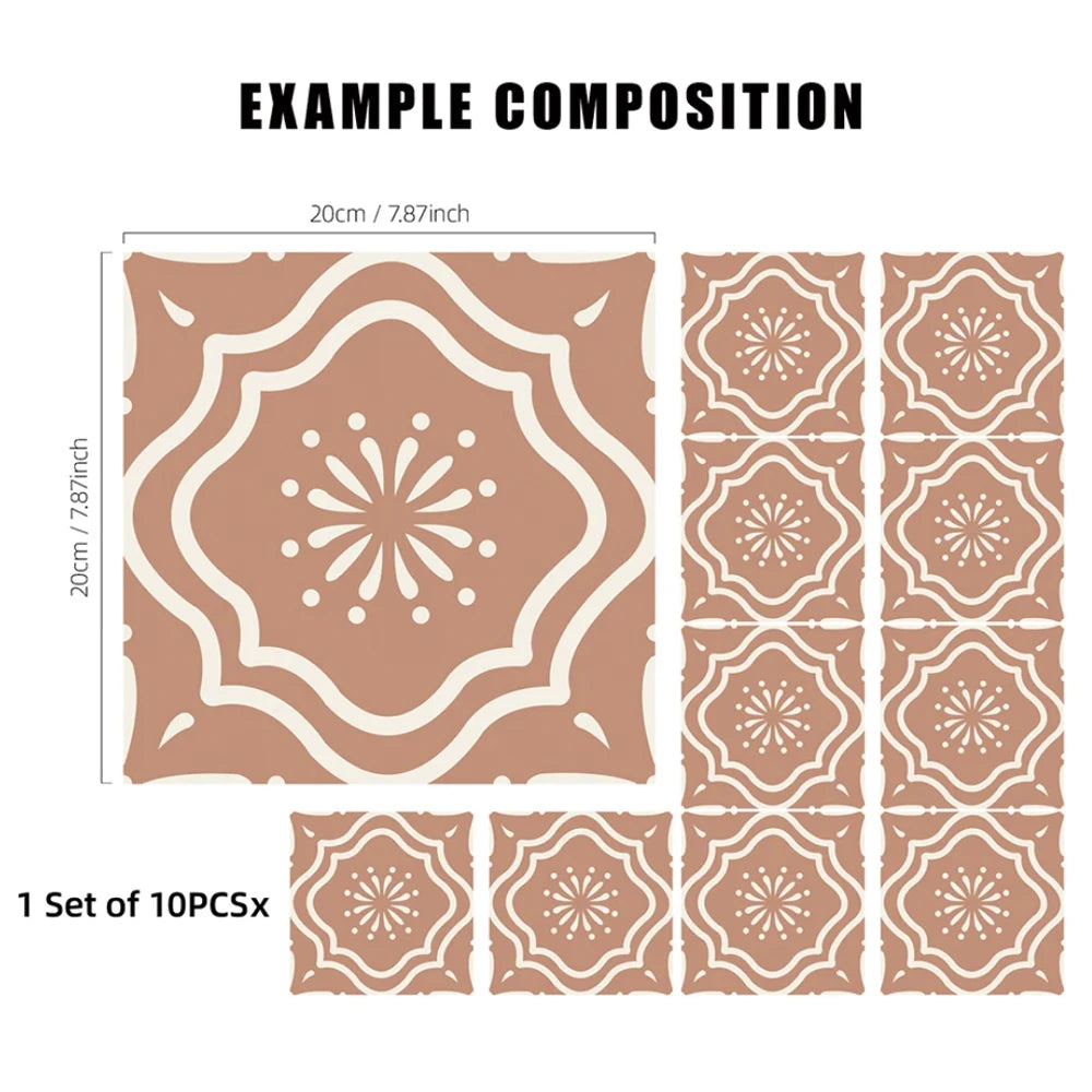 Flora Moroccan Tile Stickers Peel and Stick Self Adhesive Decorative for Wall，Vinyl Backsplash Floor Tile Decals set for 10pcs