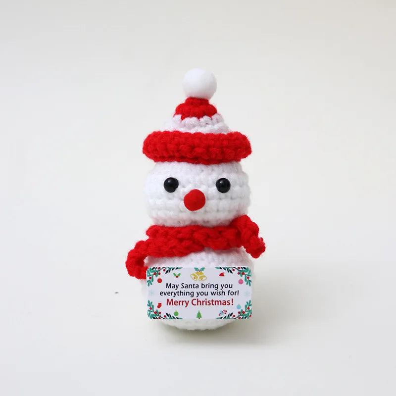 Funny Crochet Positive Xmas Tree Doll with Card Home Room Decoration Handmade Knitted Snowman Elk Desk Ornament Christmas Gifts