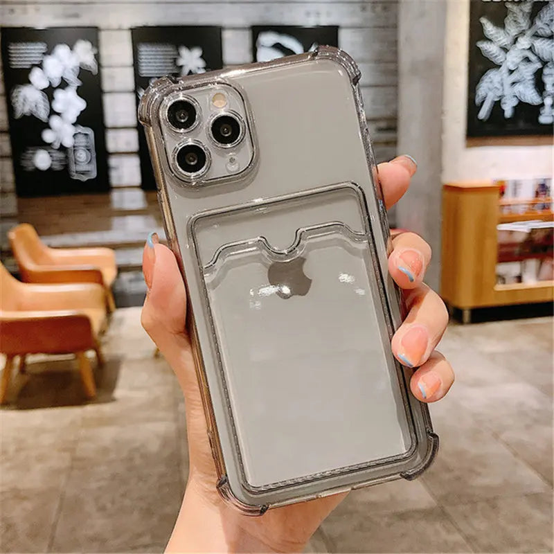 Durable Card Bag Holder Clear Phone Case For iPhone 13 12 11 Pro Max XR X XS SE 2020 7 8 Plus Soft TPU Shockproof Cover