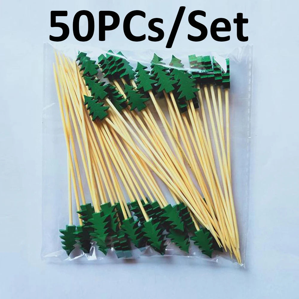 Christmas Decorations Xmas Tree Bamboo Pick Buffet Fruit Fork Party Dessert Stick Cocktail Skewer Disposable Toothpick 50Pcs