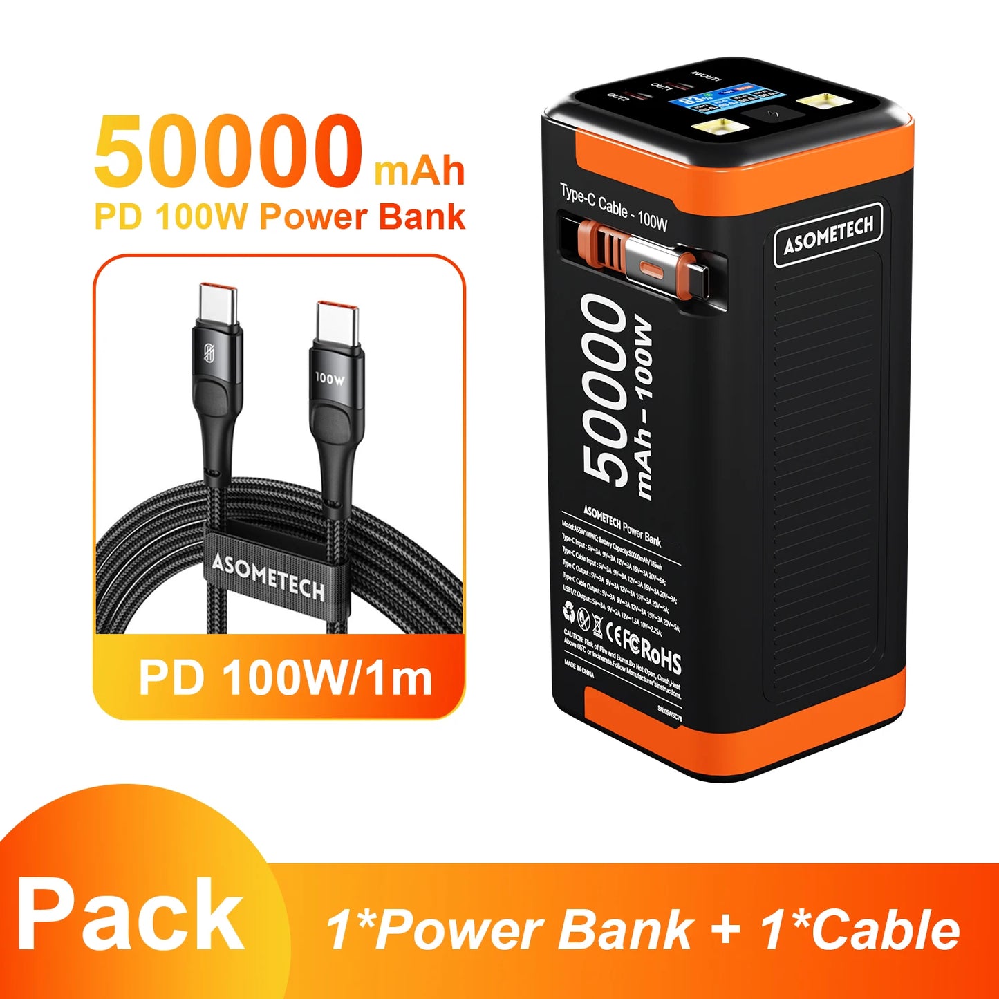 Power Bank 50000mAh 100W PD PPS Super Fast Charging Portable Spare Battery Type-C Retractable Cable Powerbank For Phone Laptop