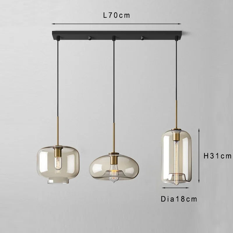 Lamp Modern 3-Light Pendant Light Fixtures, Industrial Hanging Ceiling Lamp With Amber Glass Shade, Vintage Black Pendant Light