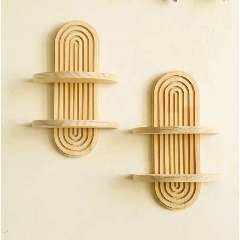 Wooden Wall Mounted Storage Rack Boho Style Display Shelves Modern Home Decor for Living Room, Bathroom Decoration