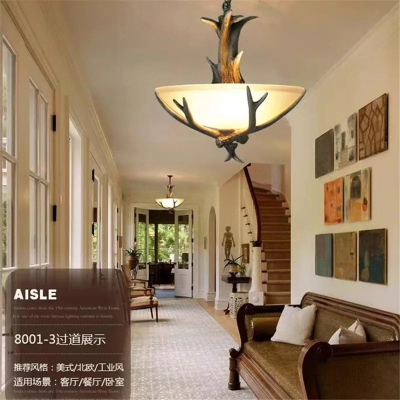 European chandelier Retro Dining Table glass lamp shade Countryside Resin deer lamp Restaurant Cafe living room hanging lights