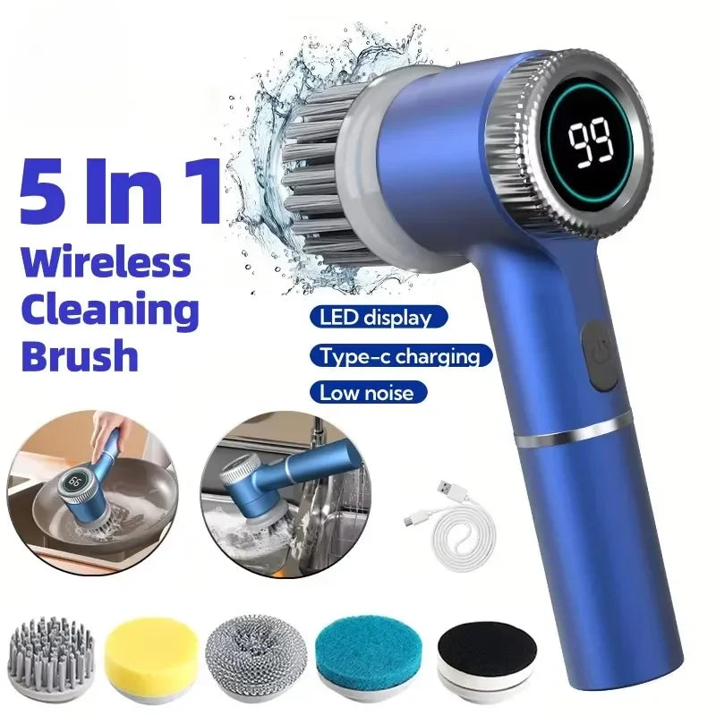 OLOEY 5 in 1 Electric Cleaning Brush Multifunctional Kitchen Bathroom Toilet Portable Powerful Clean Brush 5 Brush Heads LED