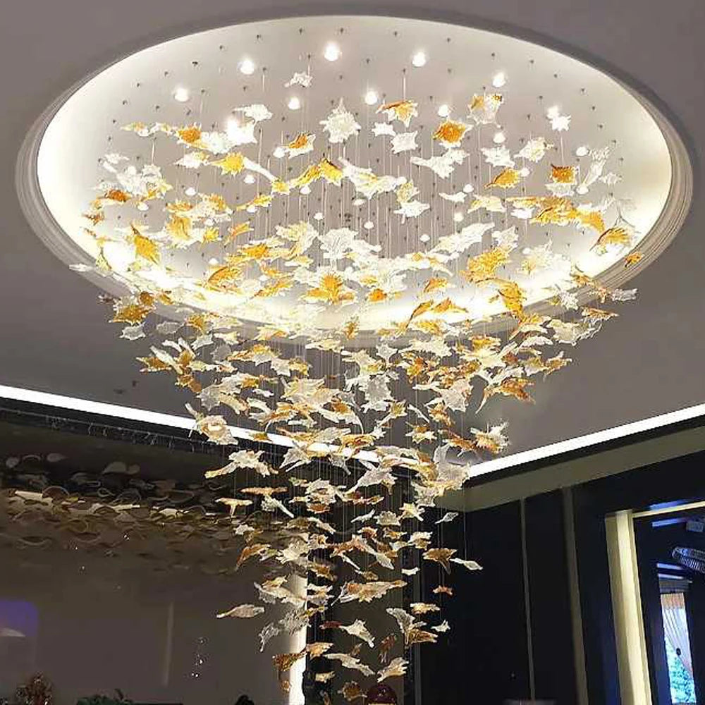 Modern Large scale project chandelier hotel villa Stairs Living Room maple leaf art decorative Hanging Lamp Lustre customization