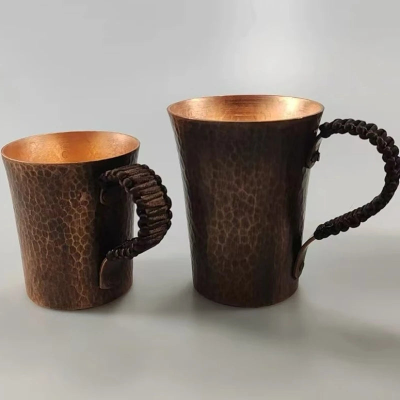 Vintage Pure Copper Coffee Cup,Mug Moscow Mule Tumbler Engraving Hammer Texture Woven Handle 450 ml Beer Mug,Tea Cup Tableware
