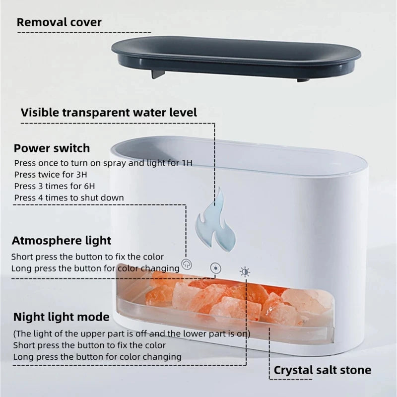 New Fireplace Humidifier Crystal Salt Rock Fire Lamp 7 Color Flame Aroma Volcano Air Humidifier Essential Oil Diffuser for Home