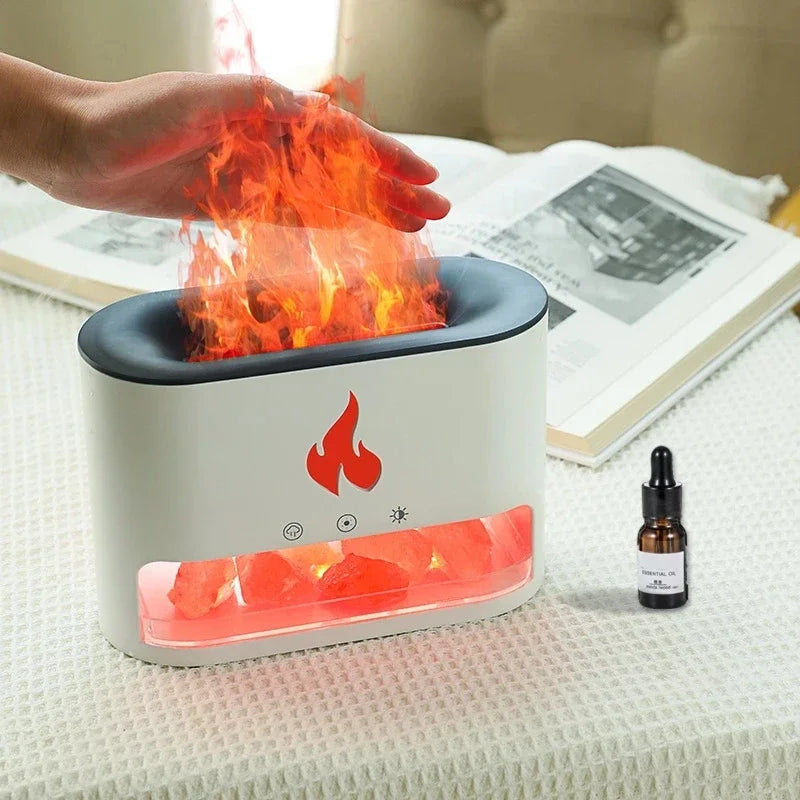 New Fireplace Humidifier Crystal Salt Rock Fire Lamp 7 Color Flame Aroma Volcano Air Humidifier Essential Oil Diffuser for Home