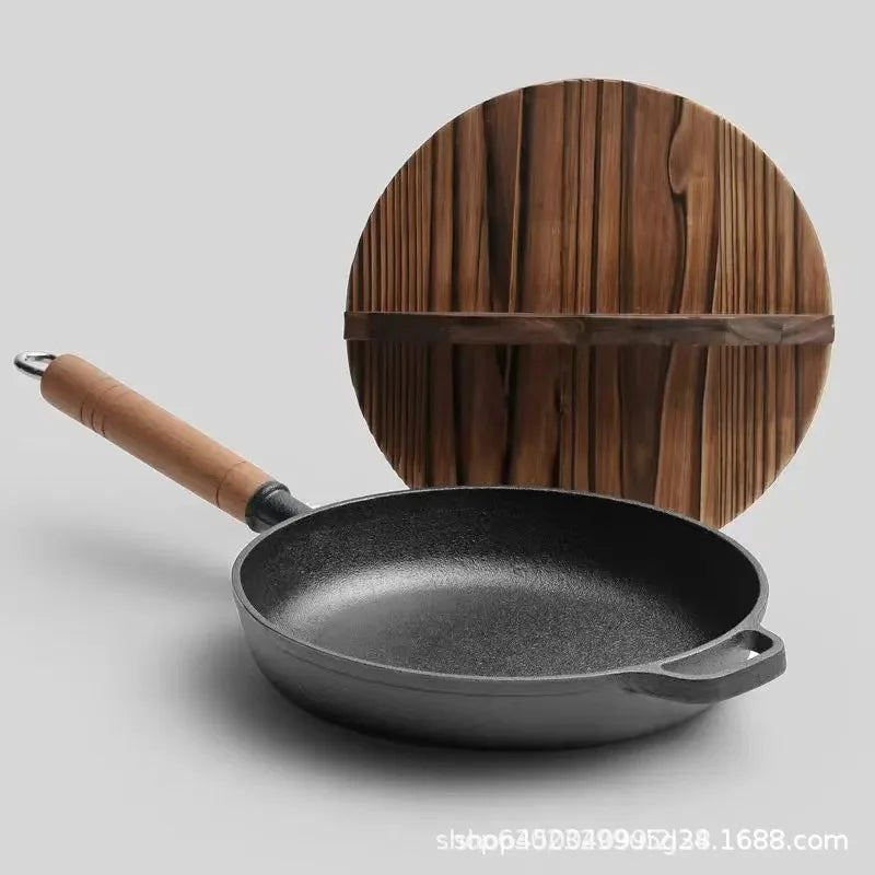 Cast iron flat bottomed pan, non stick pan, uncoated steak frying pan, gas stove, iron pan, old-fashioned pancake pan