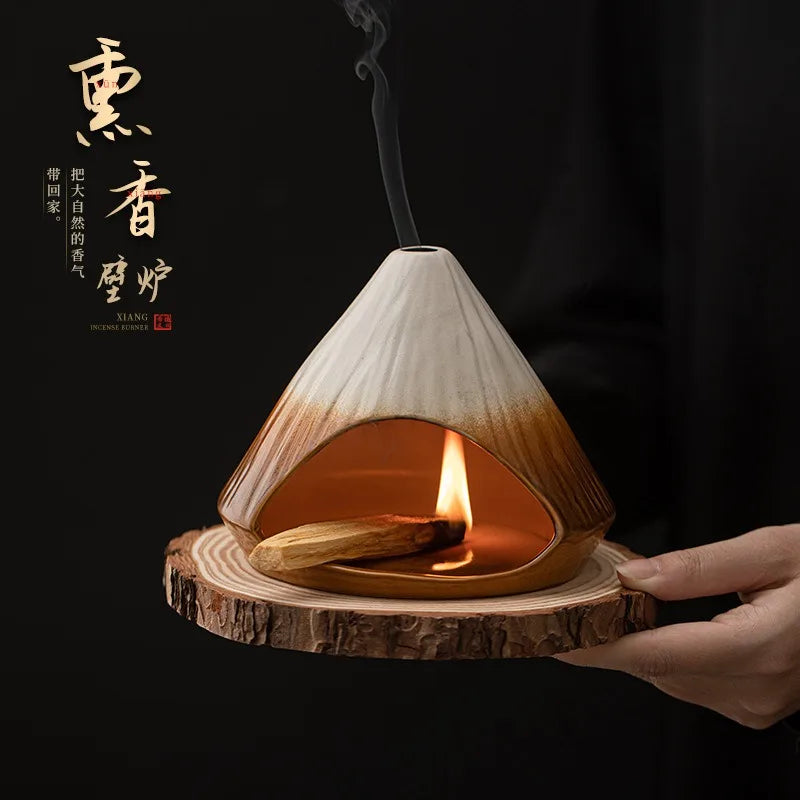 Mount Fuji Glazed Incense Fireplace - Large Kiln-Fired Ceramic Burner for Palo Santo Sage Cedar, Spiritual Meditation Home