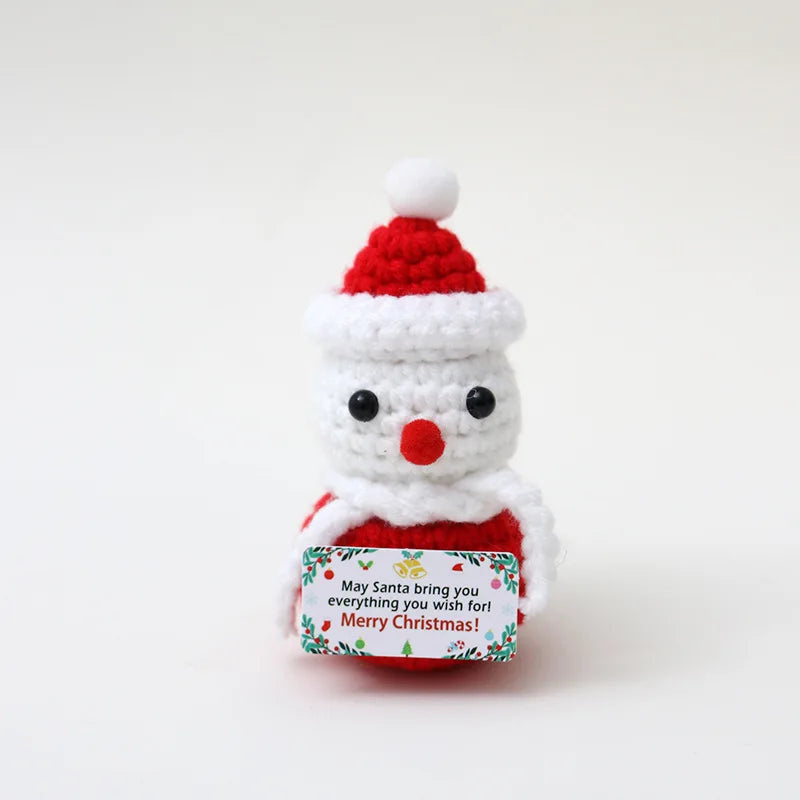 Funny Crochet Positive Xmas Tree Doll with Card Home Room Decoration Handmade Knitted Snowman Elk Desk Ornament Christmas Gifts