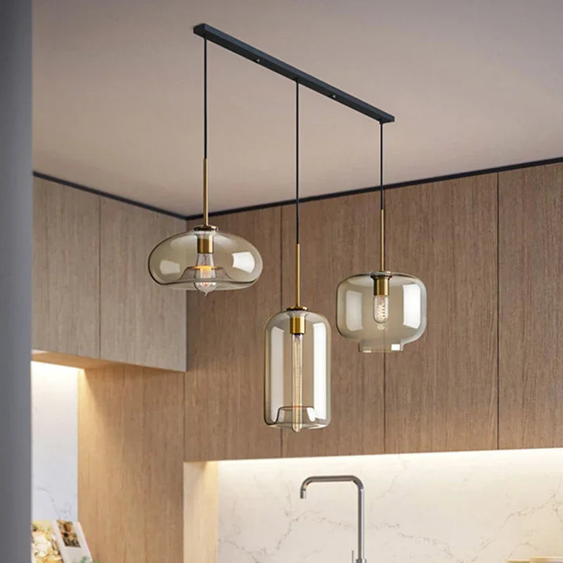 Lamp Modern 3-Light Pendant Light Fixtures, Industrial Hanging Ceiling Lamp With Amber Glass Shade, Vintage Black Pendant Light