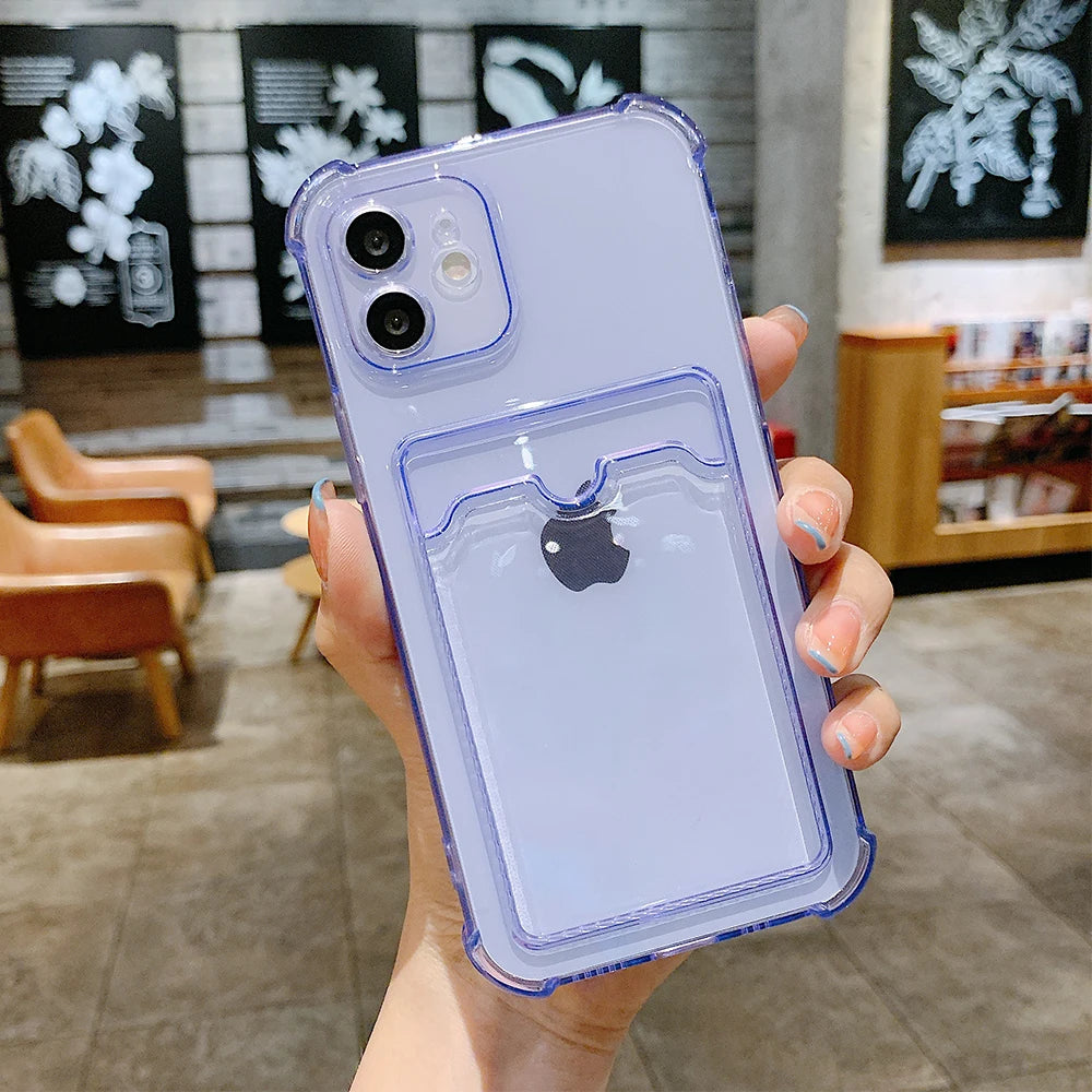 Durable Card Bag Holder Clear Phone Case For iPhone 13 12 11 Pro Max XR X XS SE 2020 7 8 Plus Soft TPU Shockproof Cover