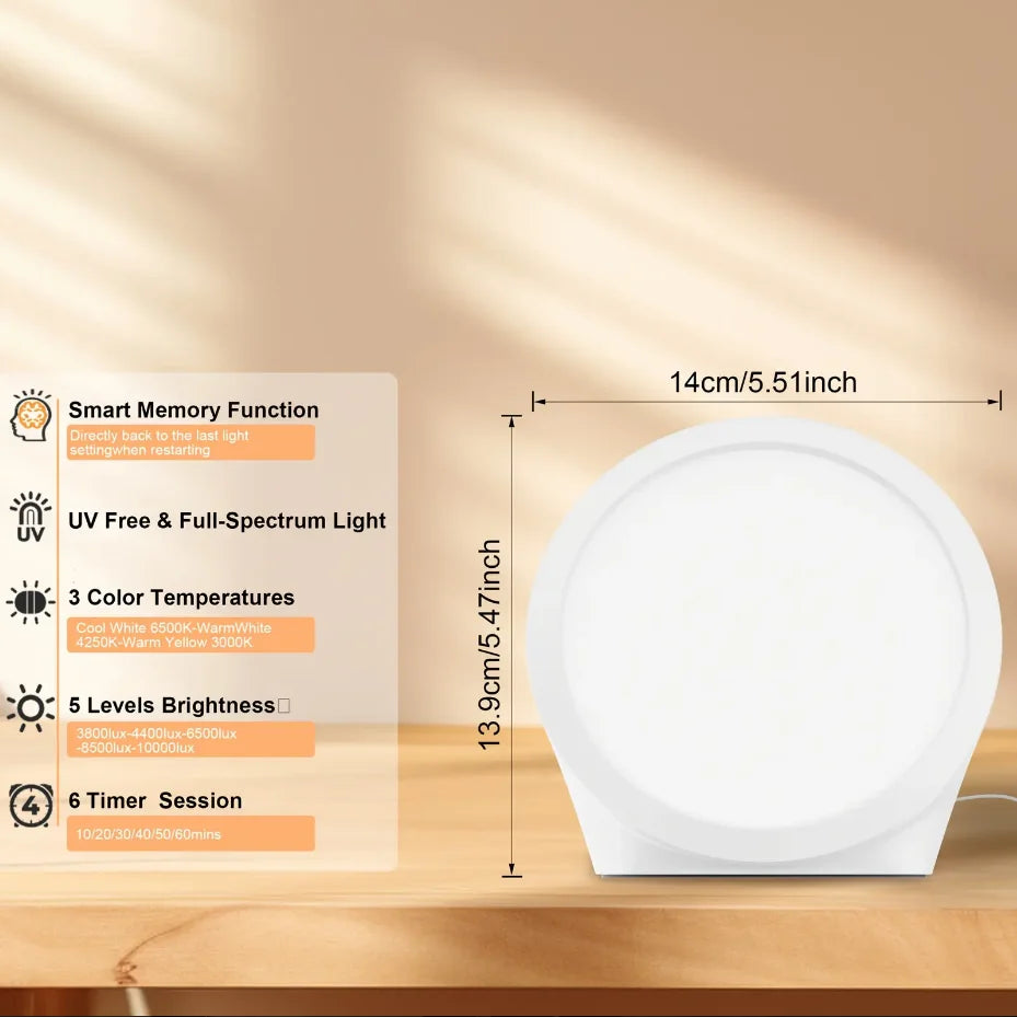 Daylight Lamp,10000 Lux Lamp, Portable Natural Sunlight Lamp with Memory Function,6 Timer Settings,Adjustable Brightness Level