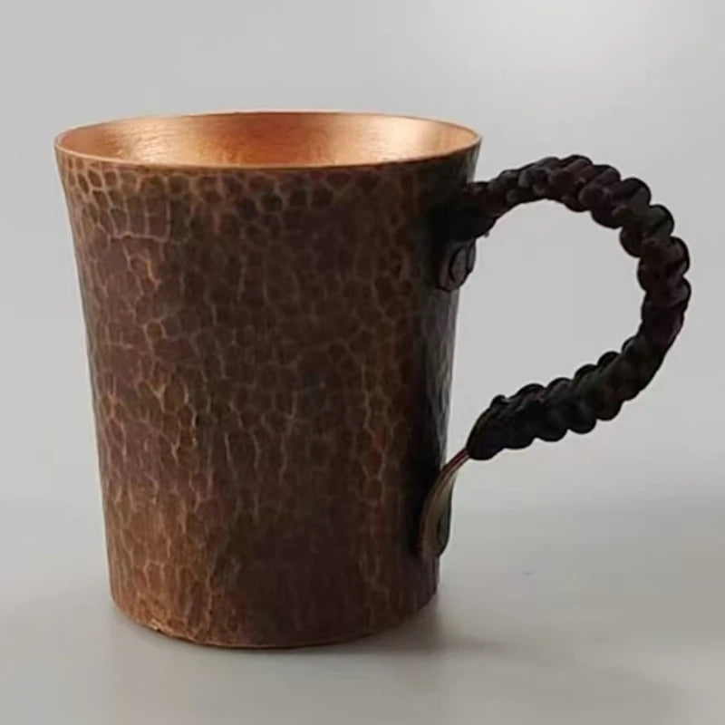Vintage Pure Copper Coffee Cup,Mug Moscow Mule Tumbler Engraving Hammer Texture Woven Handle 450 ml Beer Mug,Tea Cup Tableware