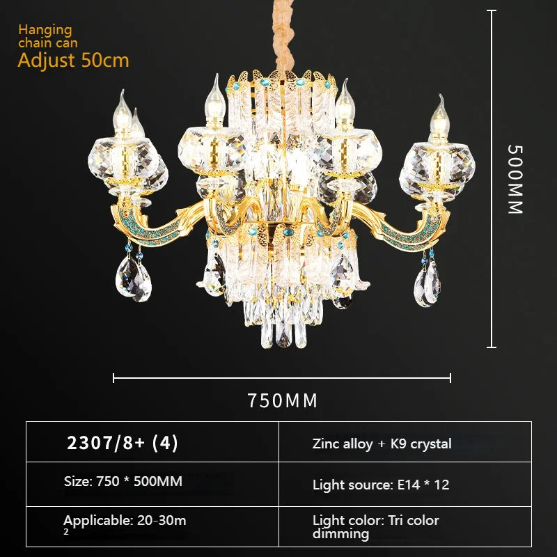 European Living Room Chandelier High-end Luxury Gold Candle Lamp Lamp Arm Inlaid With Diamonds Dining Room K9 Crystal Lamp Hot