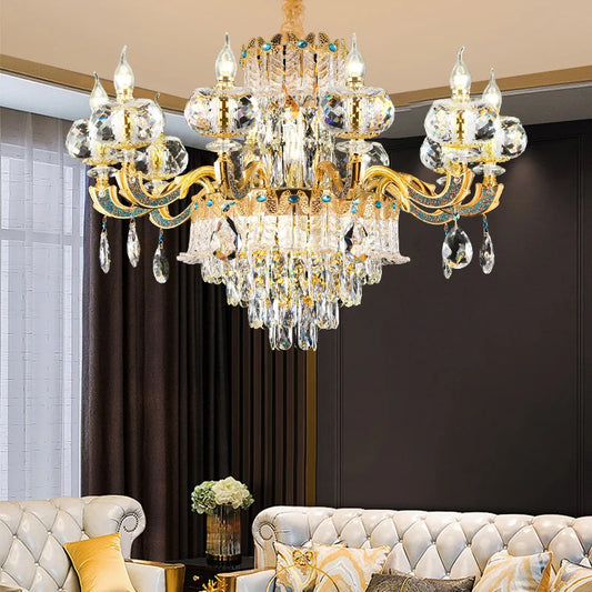 European Living Room Chandelier High-end Luxury Gold Candle Lamp Lamp Arm Inlaid With Diamonds Dining Room K9 Crystal Lamp Hot