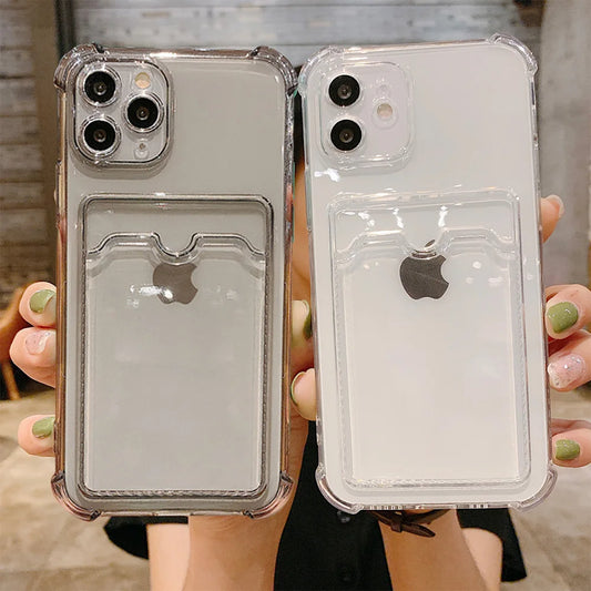 Durable Card Bag Holder Clear Phone Case For iPhone 13 12 11 Pro Max XR X XS SE 2020 7 8 Plus Soft TPU Shockproof Cover