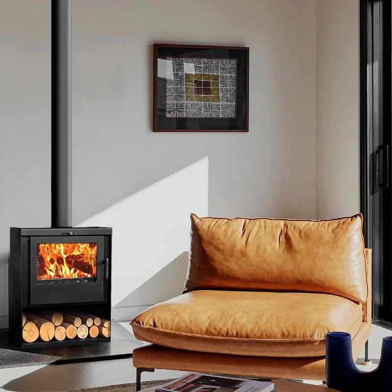 Real Fire Burning Wood Fireplace Winter Room with Stainless Steel Heating Stove Modern Home Rural Villa Style Fireplace