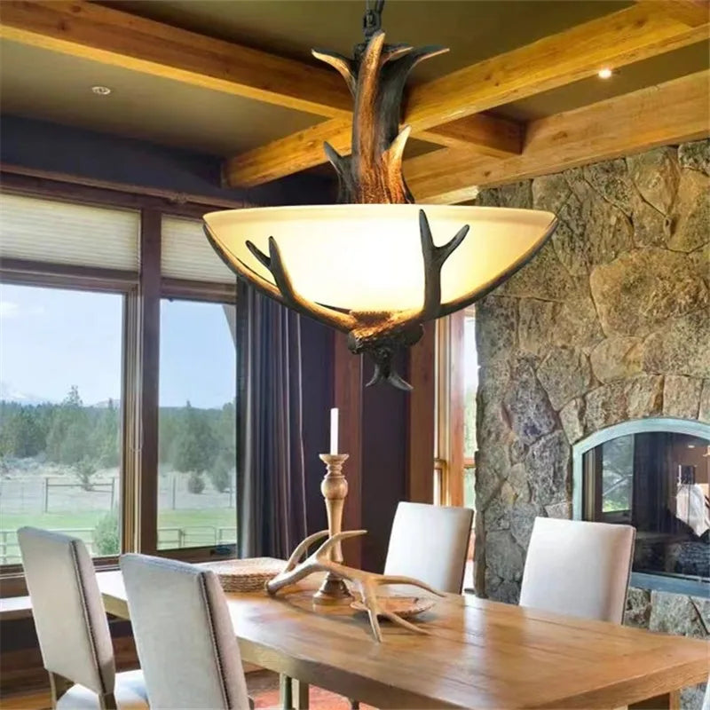 European chandelier Retro Dining Table glass lamp shade Countryside Resin deer lamp Restaurant Cafe living room hanging lights