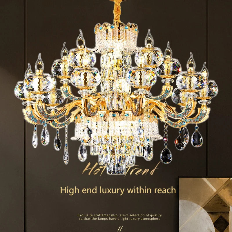 European Living Room Chandelier High-end Luxury Gold Candle Lamp Lamp Arm Inlaid With Diamonds Dining Room K9 Crystal Lamp Hot