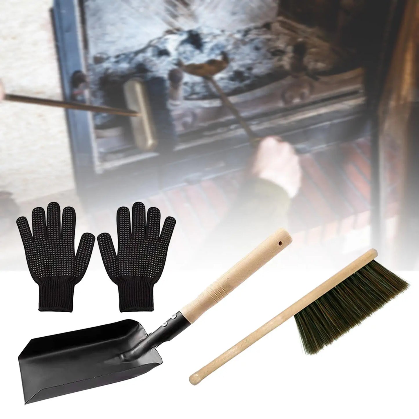 Fire Place Tool Set Hearth Tidy Black Gloves Firepit Wood Burner Accessories Fireplace Broom Steel Shovel and Ash Brush Set