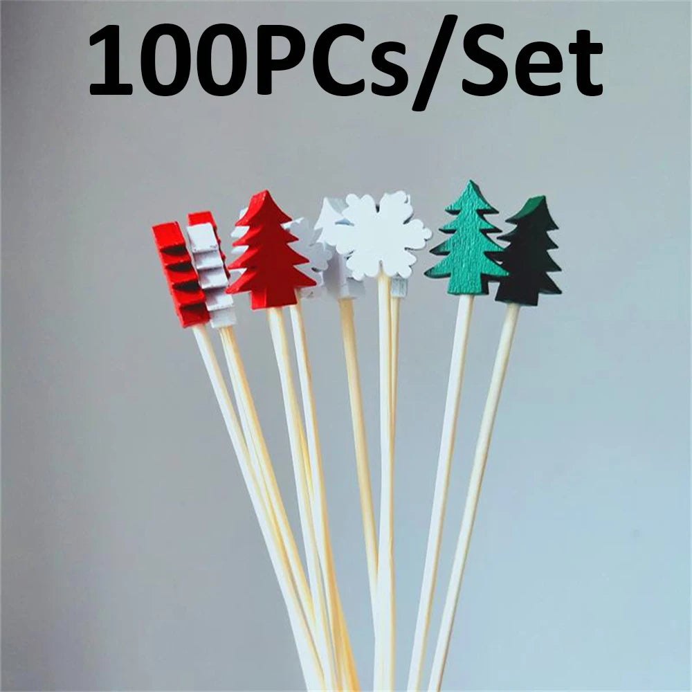 Christmas Decorations Xmas Tree Bamboo Pick Buffet Fruit Fork Party Dessert Stick Cocktail Skewer Disposable Toothpick 50Pcs