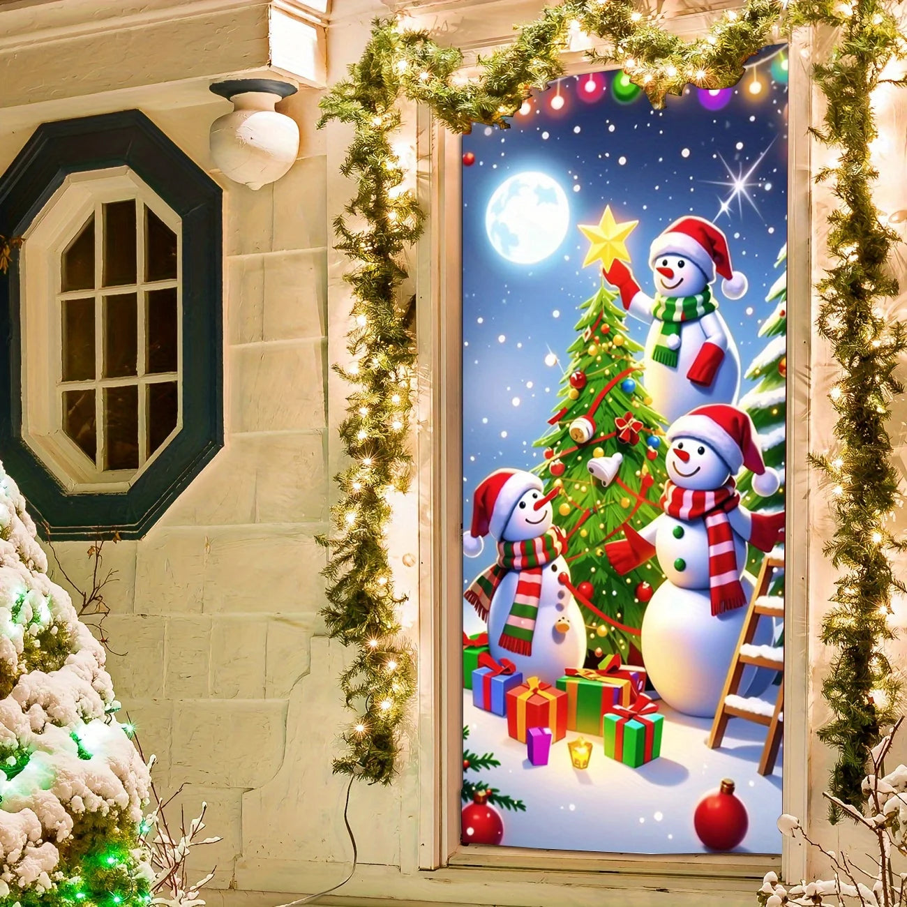 Christmas door casing, snowman decorated Christmas tree, washable to add joy, perfect holiday, entrance and outdoor party