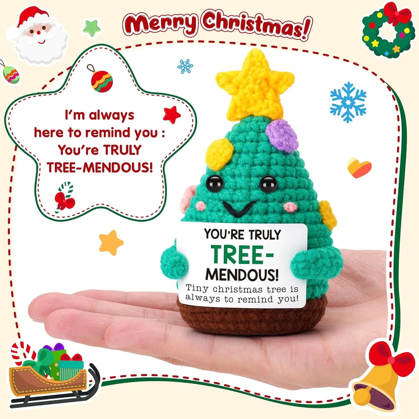 Funny Crochet Positive Xmas Tree Doll with Card Home Room Decoration Handmade Knitted Snowman Elk Desk Ornament Christmas Gifts